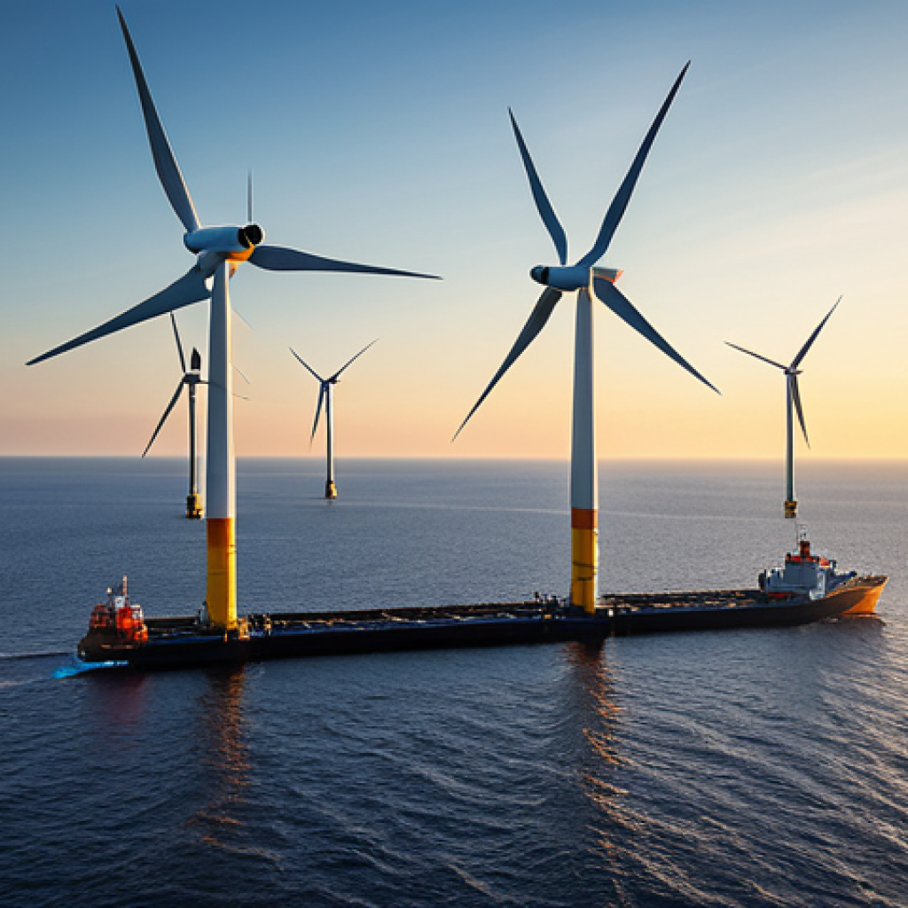 Offshore Wind Farm Innovation**

"A vast offshore wind farm with floating turbines on a calm sea during sunset, professional photo, dramatic lighting, fully clothed engineers in appropriate attire inspecting a turbine via drone, safe for work, perfect anatomy, natural proportions, high resolution, family-friendly."

**