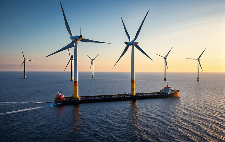Offshore Wind Farm Innovation**

"A vast offshore wind farm with floating turbines on a calm sea during sunset, professional photo, dramatic lighting, fully clothed engineers in appropriate attire inspecting a turbine via drone, safe for work, perfect anatomy, natural proportions, high resolution, family-friendly."

**