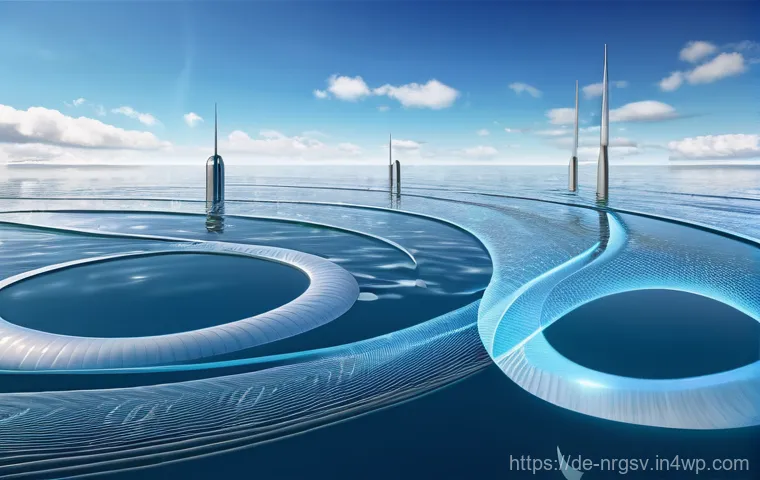 해양 재생에너지의 전세계 시장 전망 - **Image Prompt: Dynamic Wave Energy Converters**
    A vibrant, wide-angle shot of advanced wave ene...