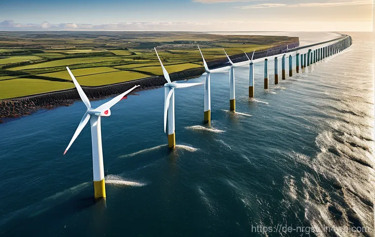 해양 재생에너지의 전세계 시장 전망 - **Image Prompt: Dynamic Wave Energy Converters**
    A vibrant, wide-angle shot of advanced wave ene...