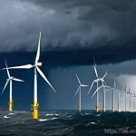 해양 재생에너지의 기후 변화 적응 전략 - **Prompt:** A dramatic and powerful image showcasing a modern offshore wind farm in the North Sea, f...
