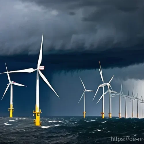 해양 재생에너지의 기후 변화 적응 전략 - **Prompt:** A dramatic and powerful image showcasing a modern offshore wind farm in the North Sea, f...