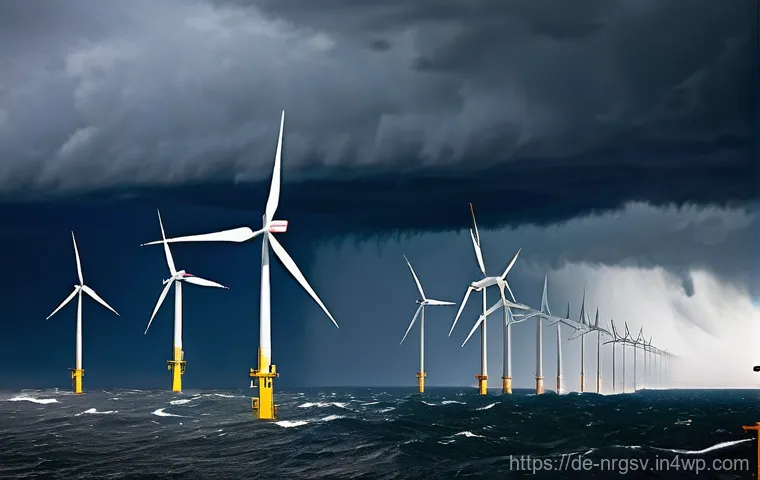 해양 재생에너지의 기후 변화 적응 전략 - **Prompt:** A dramatic and powerful image showcasing a modern offshore wind farm in the North Sea, f...