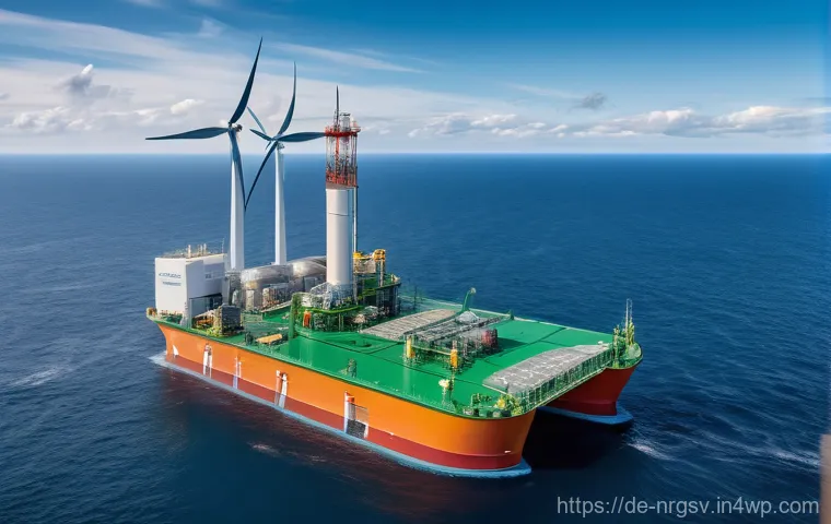 해양 재생에너지의 프로젝트 관리 기법 - **"Dynamic Offshore Turbine Installation"**
    A powerful, mid-shot depicting a massive offshore wi...