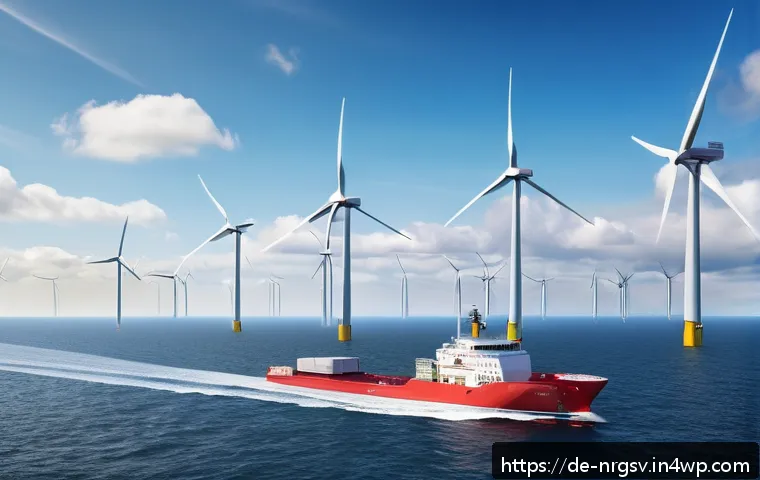 해양 재생에너지의 데이터 기반 분석 - A detailed offshore wind farm scene during a bright, partly cloudy day, featuring multiple large win...