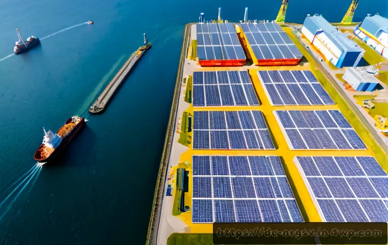 해양 재생에너지의 산업 클러스터 형성 - Photorealistic aerial view of a North Sea renewable energy industrial cluster in northern Germany, o...